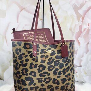 Coach Coach Reversible City Tote with leopard print and burgundy leather handles